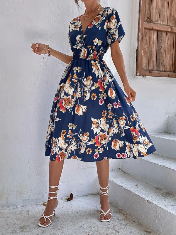Floral Print Midi Dress with V-Neck and Smocked Waist