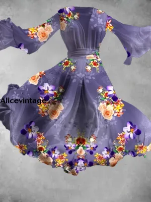 Floral Print Retro V-Neck Long Sleeve Flowy Midi Dress