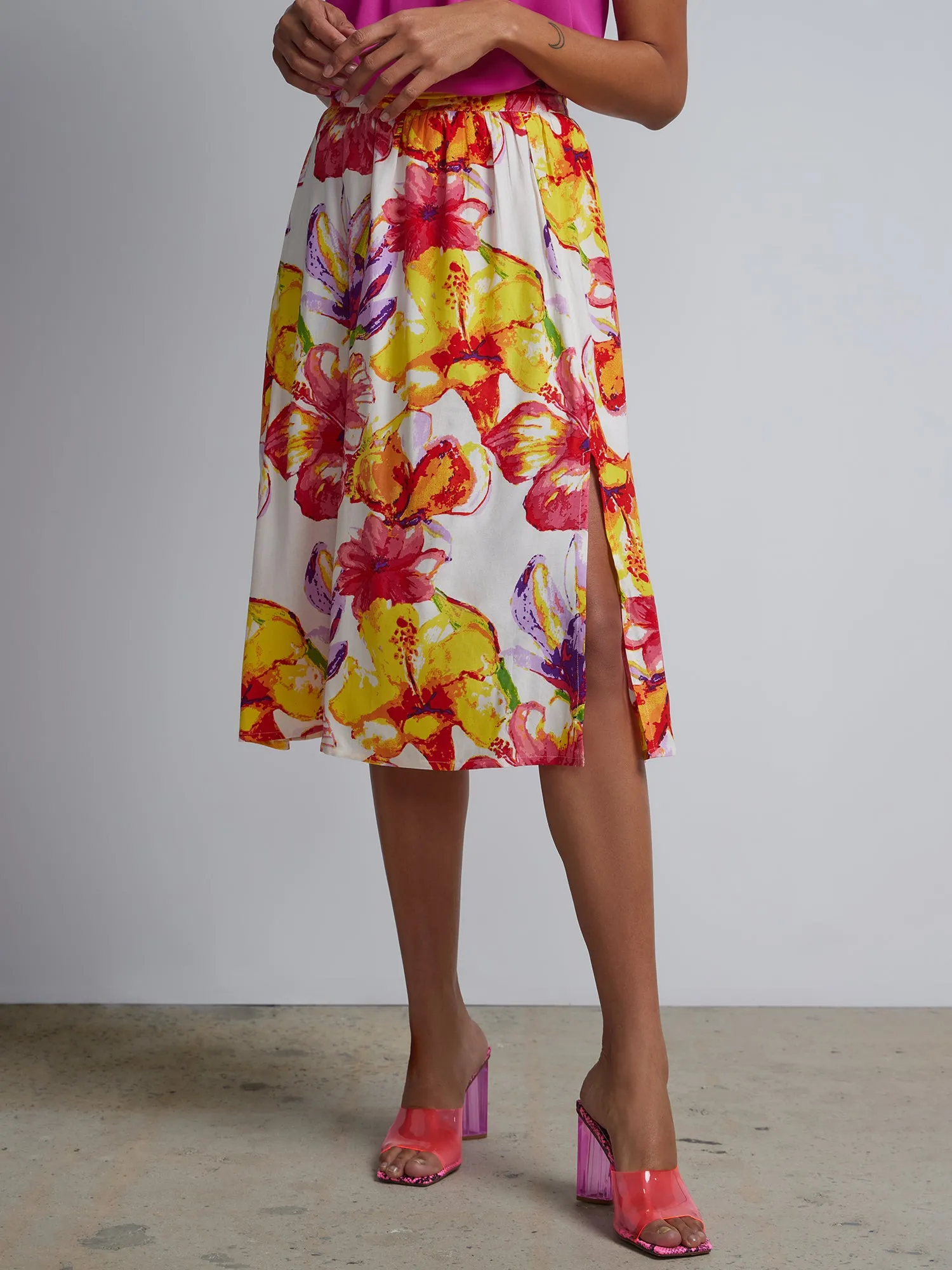 Floral-Print Side-Slit Skirt