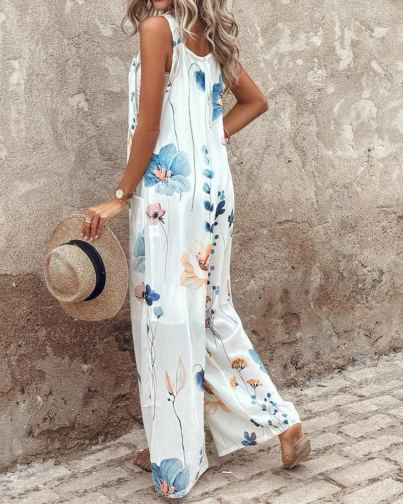 Floral Print Wide Leg Suspender Jumpsuit