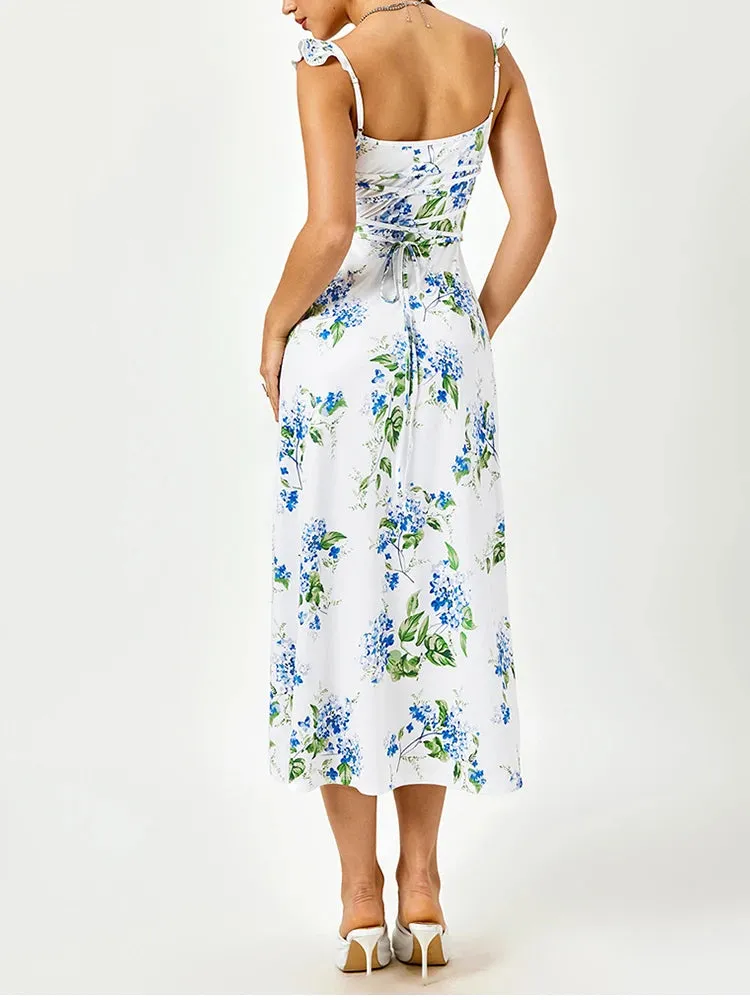 Floral Ruffle V-neck Tie Up Long Dress
