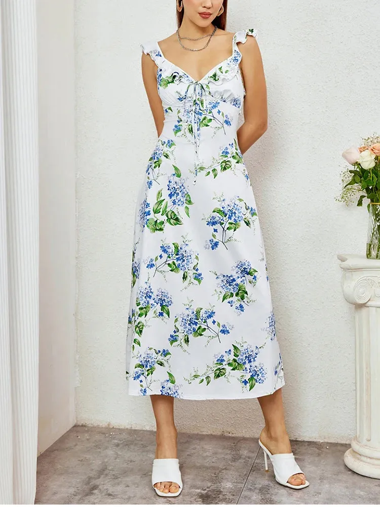 Floral Ruffle V-neck Tie Up Long Dress