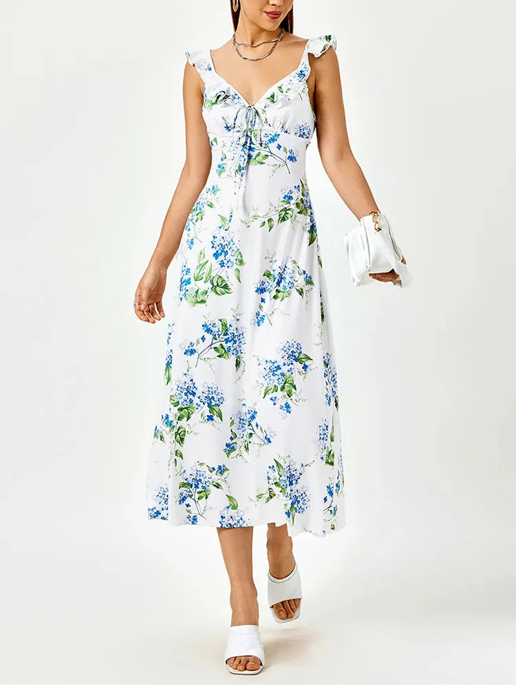 Floral Ruffle V-neck Tie Up Long Dress