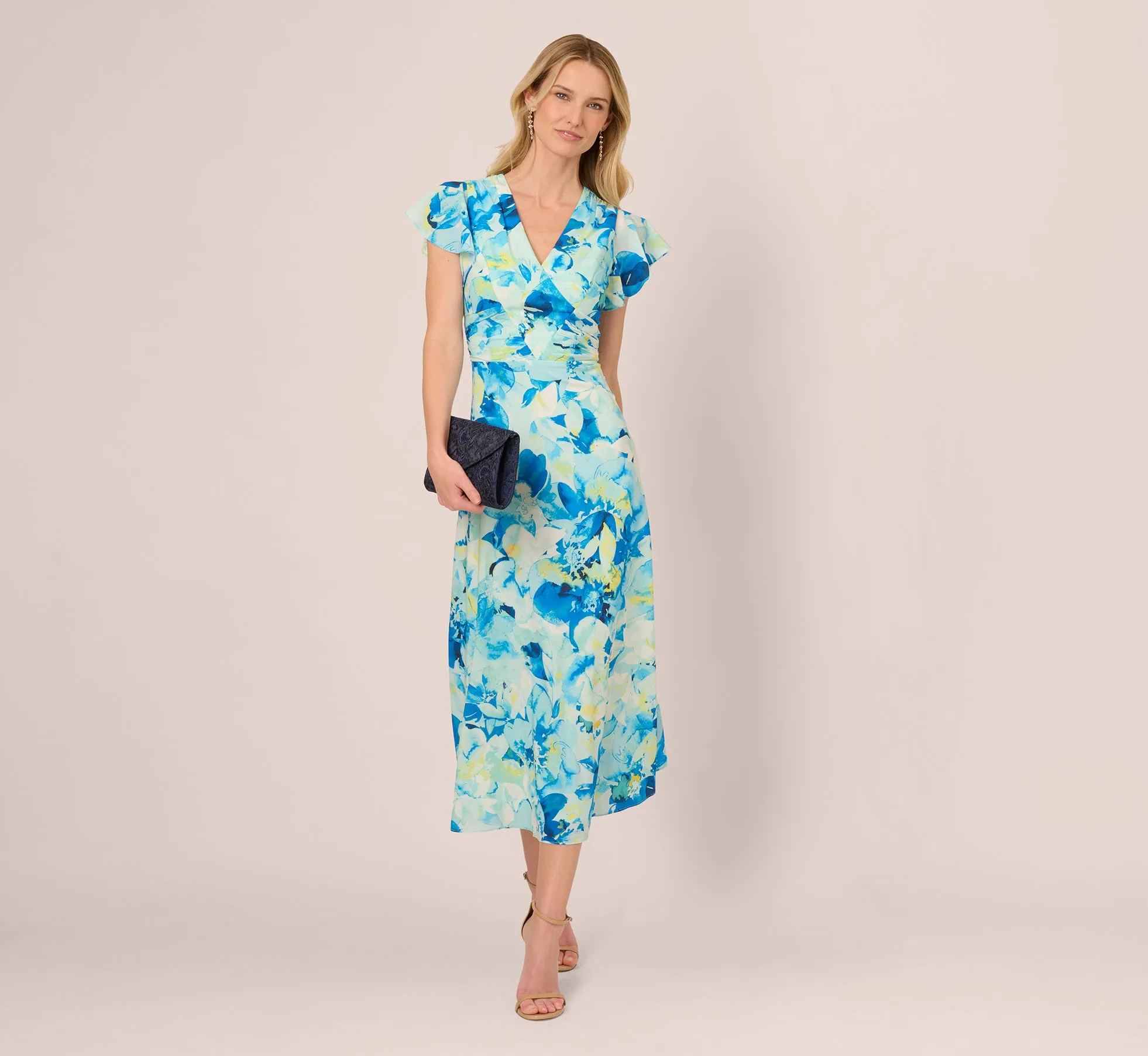 Flutter Sleeve Floral Chiffon Midi Dress In Blue Multi