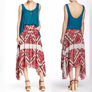 FREE PEOPLE Paradise Midi Handkerchief Skirt Pimento Combo Boho Bohemian Size 10