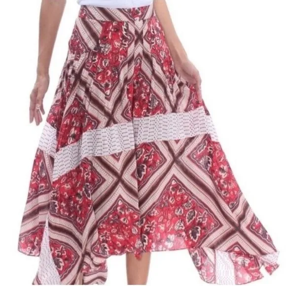FREE PEOPLE Paradise Midi Handkerchief Skirt Pimento Combo Boho Bohemian Size 10