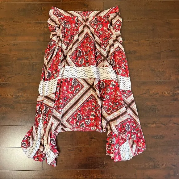 FREE PEOPLE Paradise Midi Handkerchief Skirt Pimento Combo Boho Bohemian Size 10