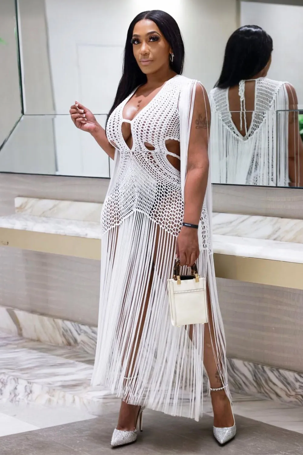 Fringe Hollow Out Knit Vacation Cover-Up Maxi Dresses-White [Pre Order]