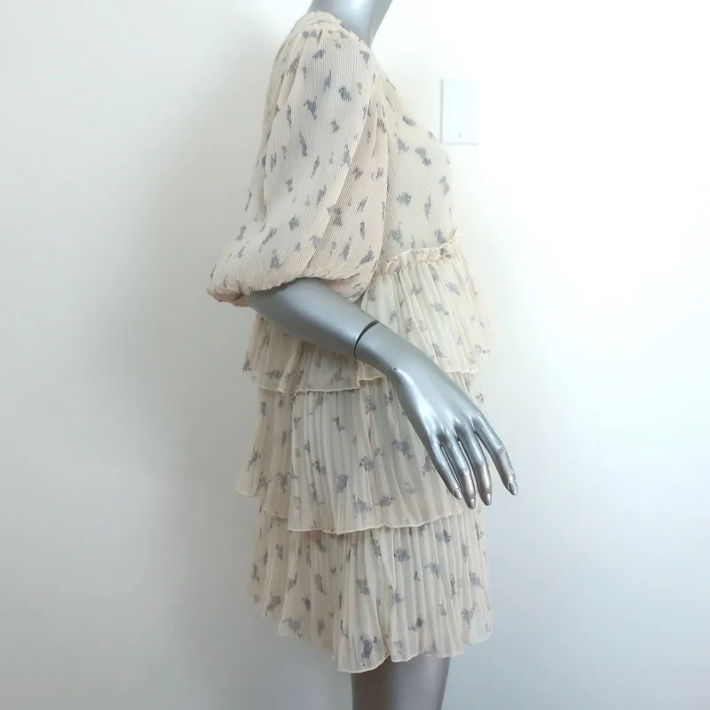 GANNI Tiered Mini Dress Cream Floral Print Pleated Georgette Size 34
