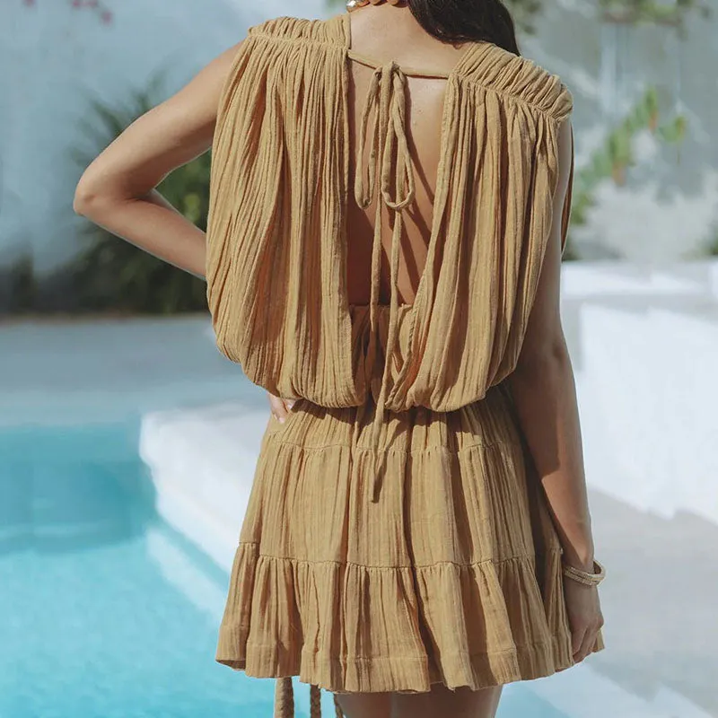 Glimpse of Happiness Linen Blend Draped Braids Belt Cover Up Mini Dress