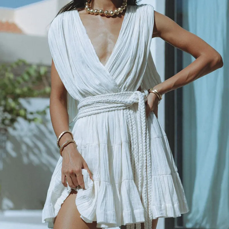 Glimpse of Happiness Linen Blend Draped Braids Belt Cover Up Mini Dress