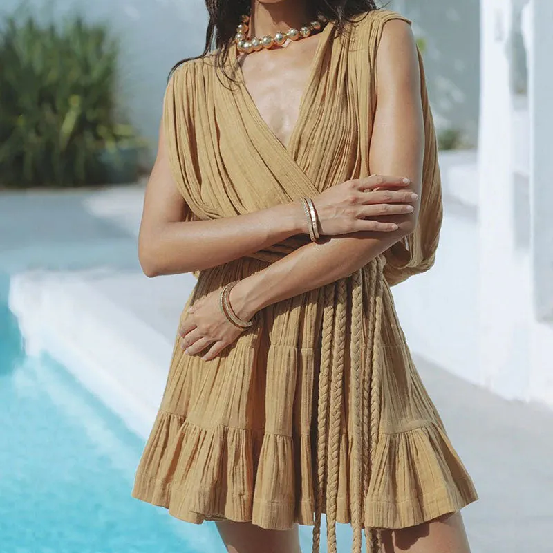 Glimpse of Happiness Linen Blend Draped Braids Belt Cover Up Mini Dress
