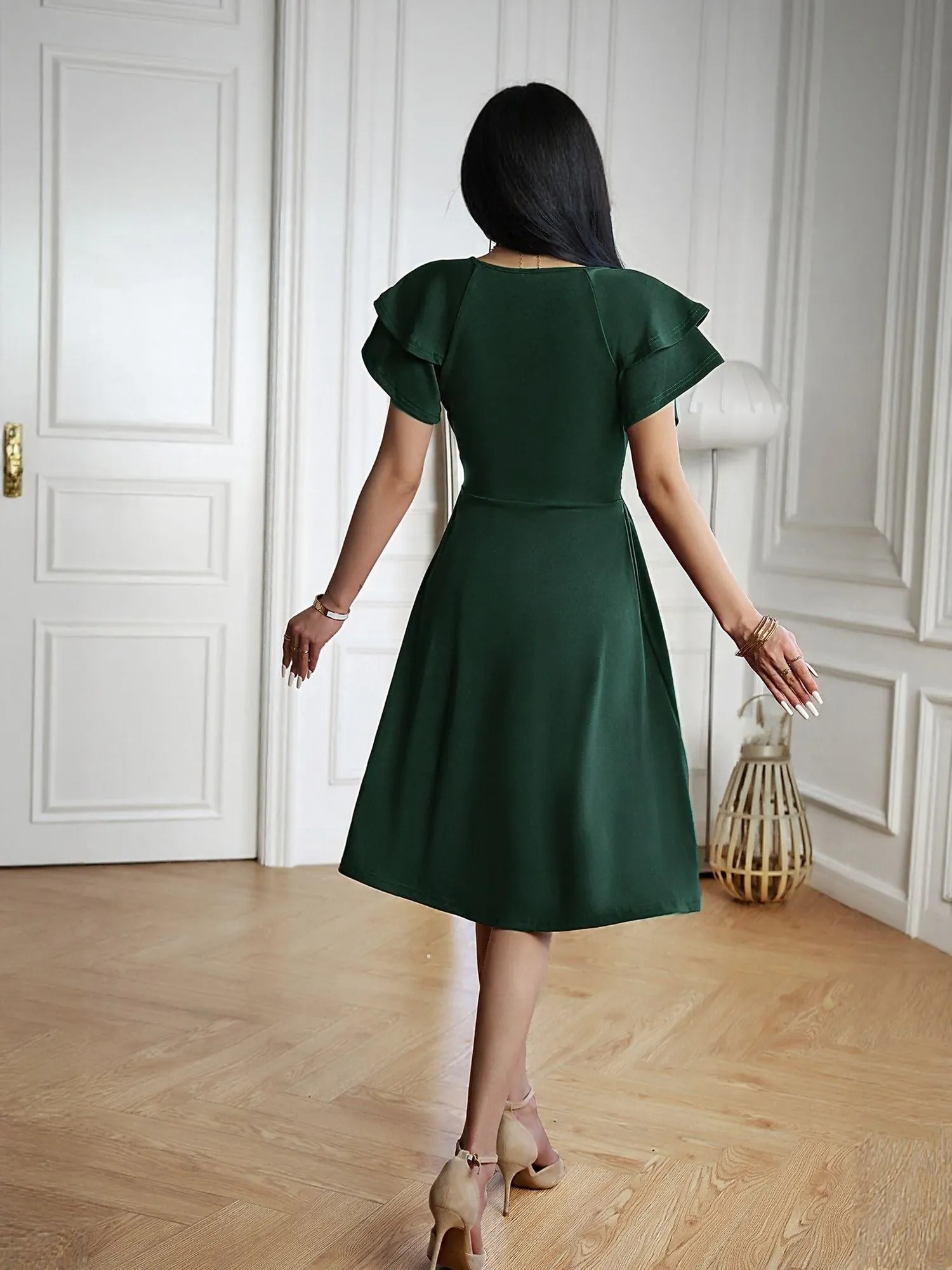 Green Fit And Flare Mini Dress With Wrap