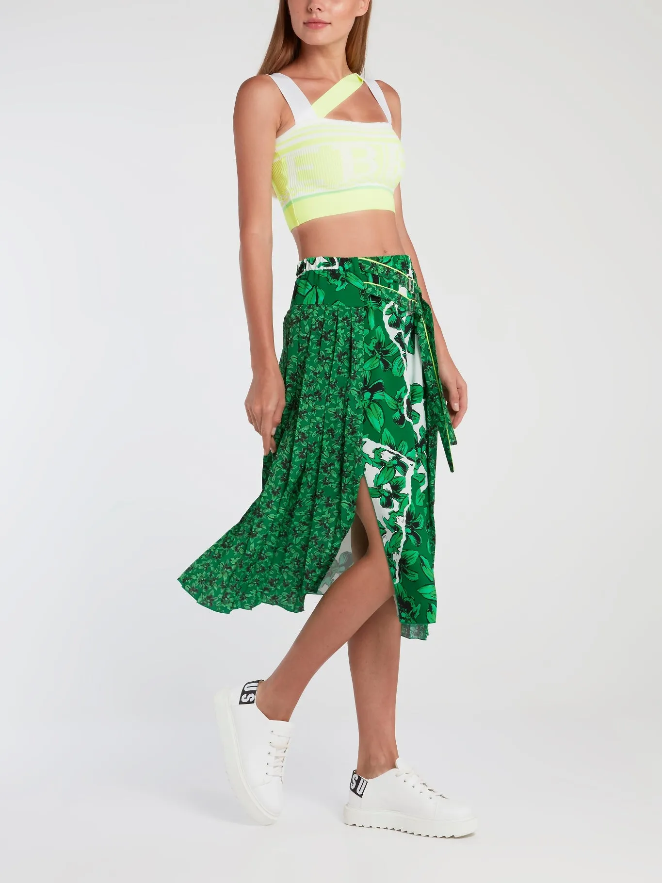 Green Floral Pleated Midi Skirt