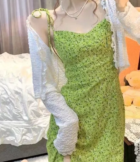 Green Shoulder Tie Up Front Slit Midi Dress