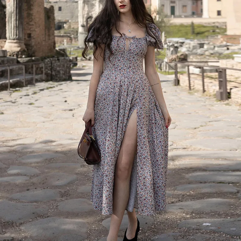 Grey Square Neck Midi Dress With Front Slit
