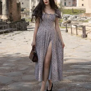 Grey Square Neck Midi Dress With Front Slit