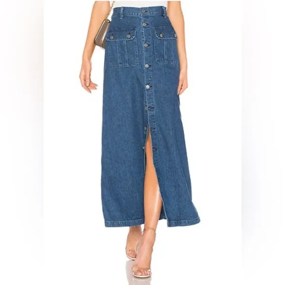 GRLFRND Denim Bebe The Keeper Jean Midi Skirt Button Front Blue Size 24