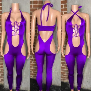 Halter open hip jumpsuit with plunge front and open back. Bartender uniform/waitress uniform/ bottle girl uniform.