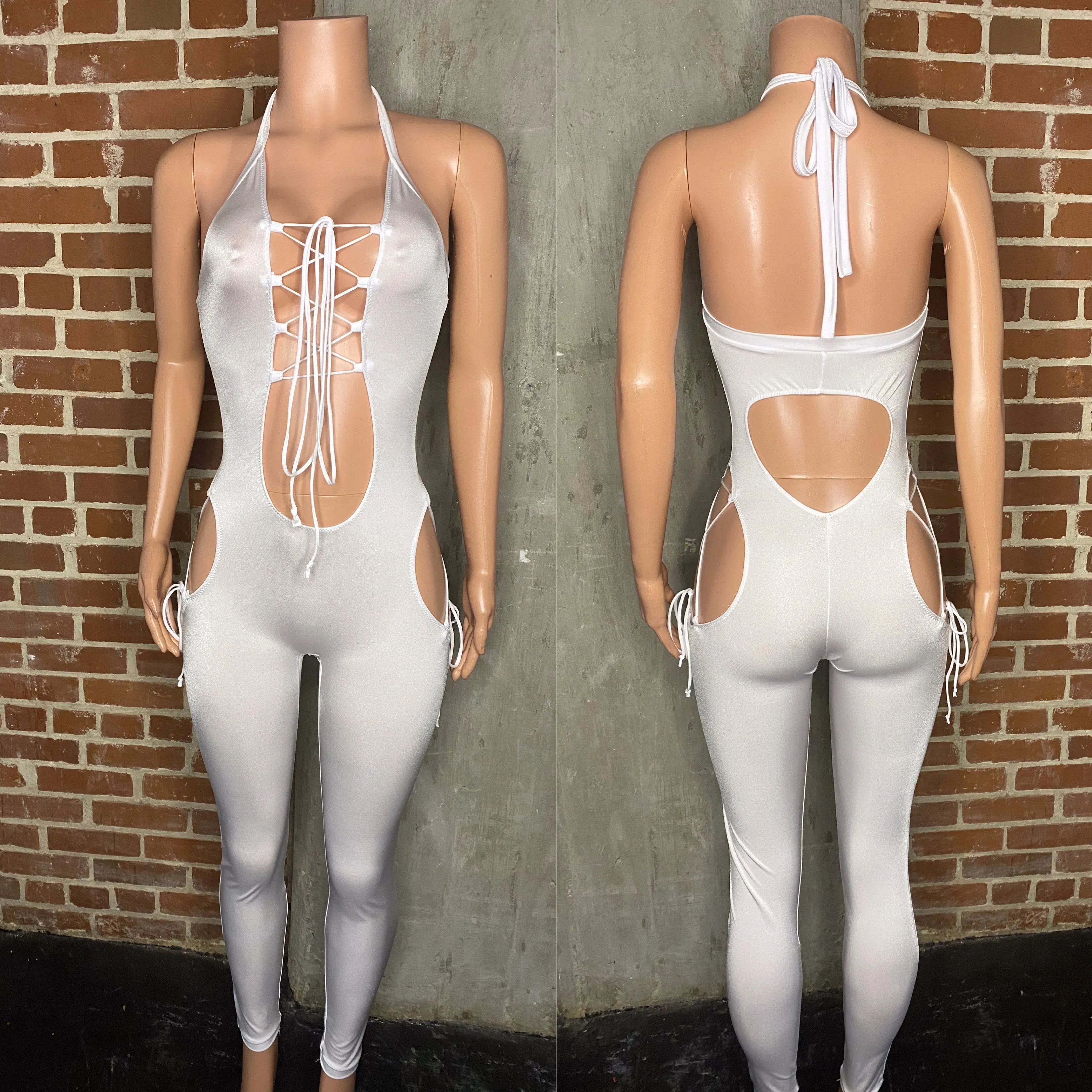 Halter open hip jumpsuit with plunge front and open back. Bartender uniform/waitress uniform/ bottle girl uniform.