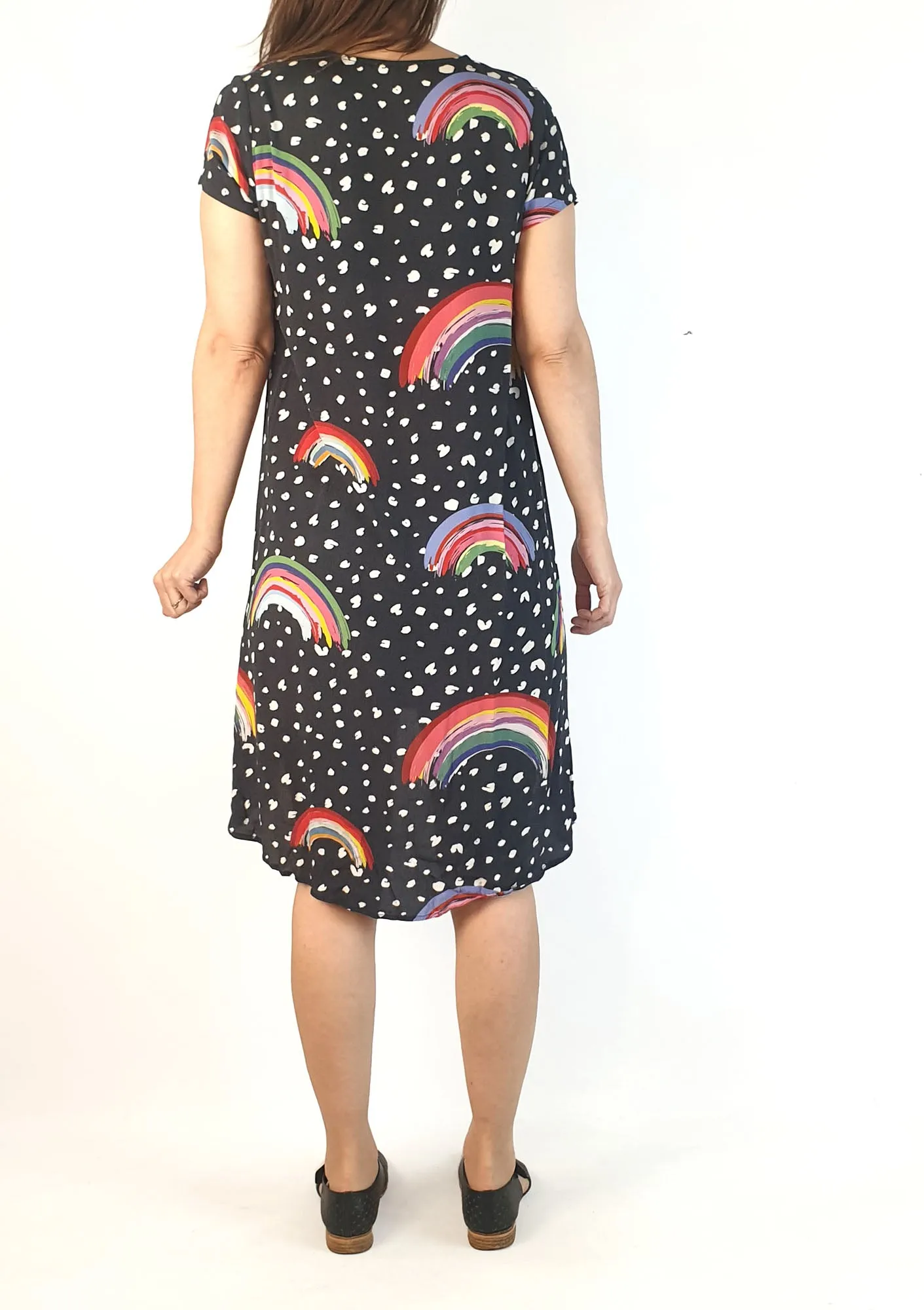 Harvest Lane black rainbow print dress size 8 (note: inconsistencies under the arms)