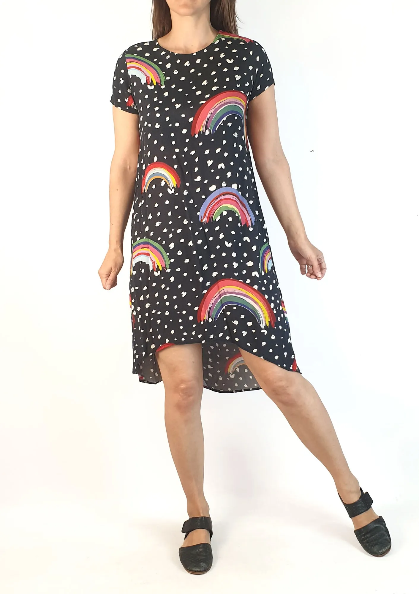Harvest Lane black rainbow print dress size 8 (note: inconsistencies under the arms)