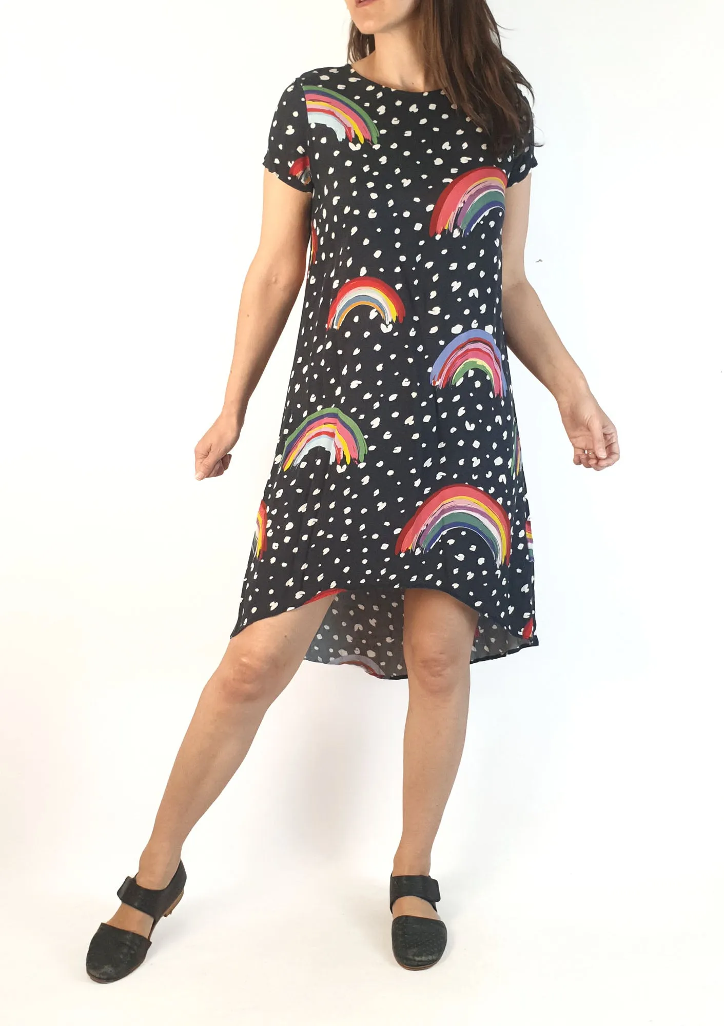 Harvest Lane black rainbow print dress size 8 (note: inconsistencies under the arms)