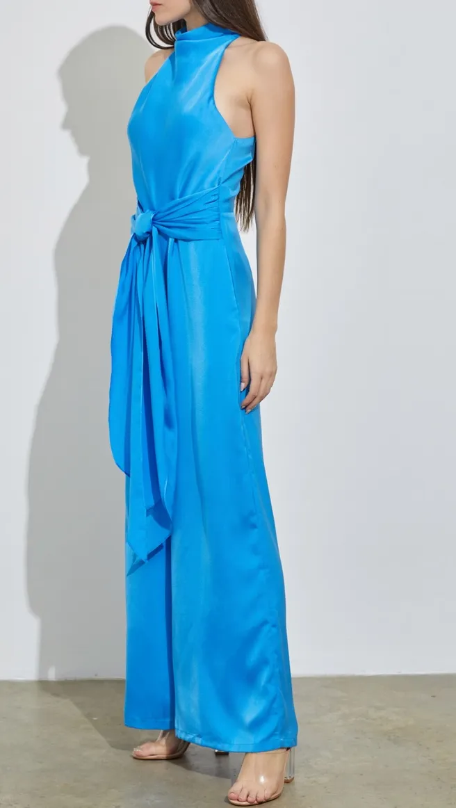 High Cowl Neck Front Tie Jumpsuit
