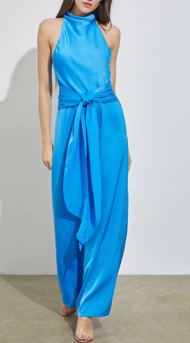 High Cowl Neck Front Tie Jumpsuit