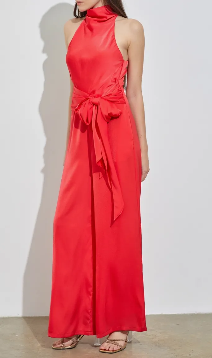 High Cowl Neck Front Tie Jumpsuit