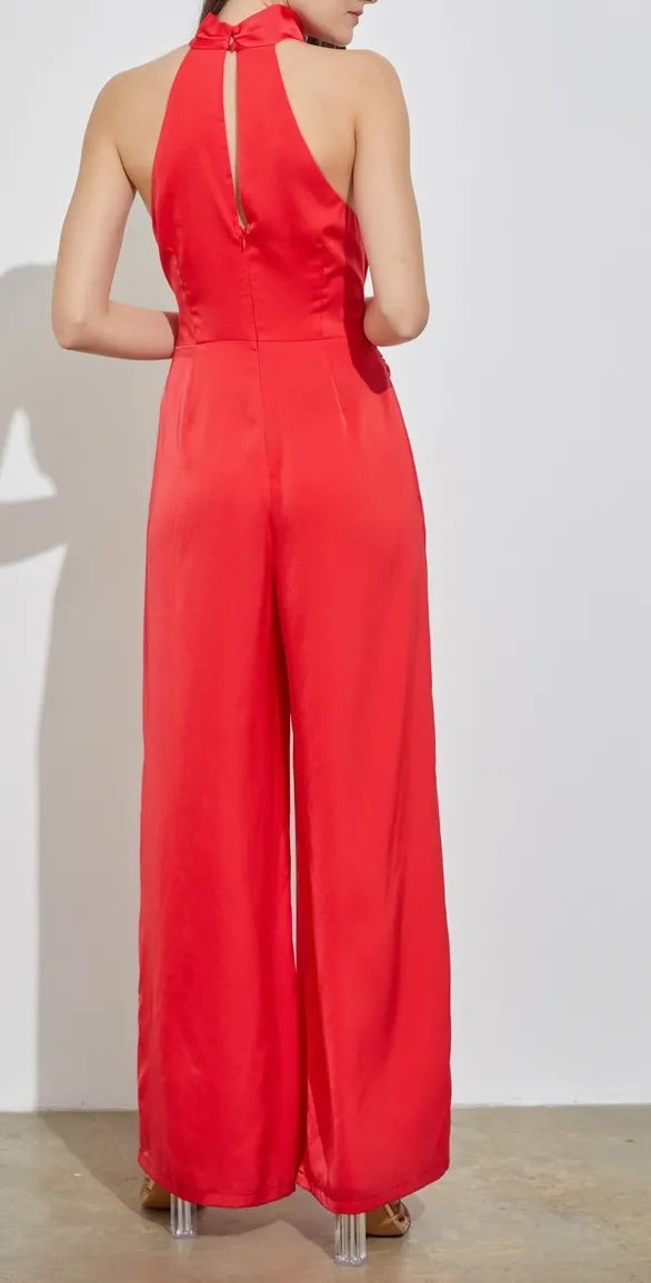 High Cowl Neck Front Tie Jumpsuit