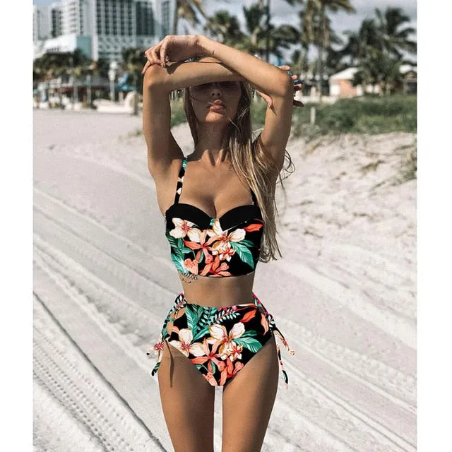 High Waist Swimwear New Leaf Print Bikini