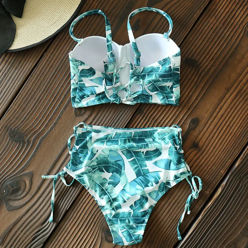 High Waist Swimwear New Leaf Print Bikini