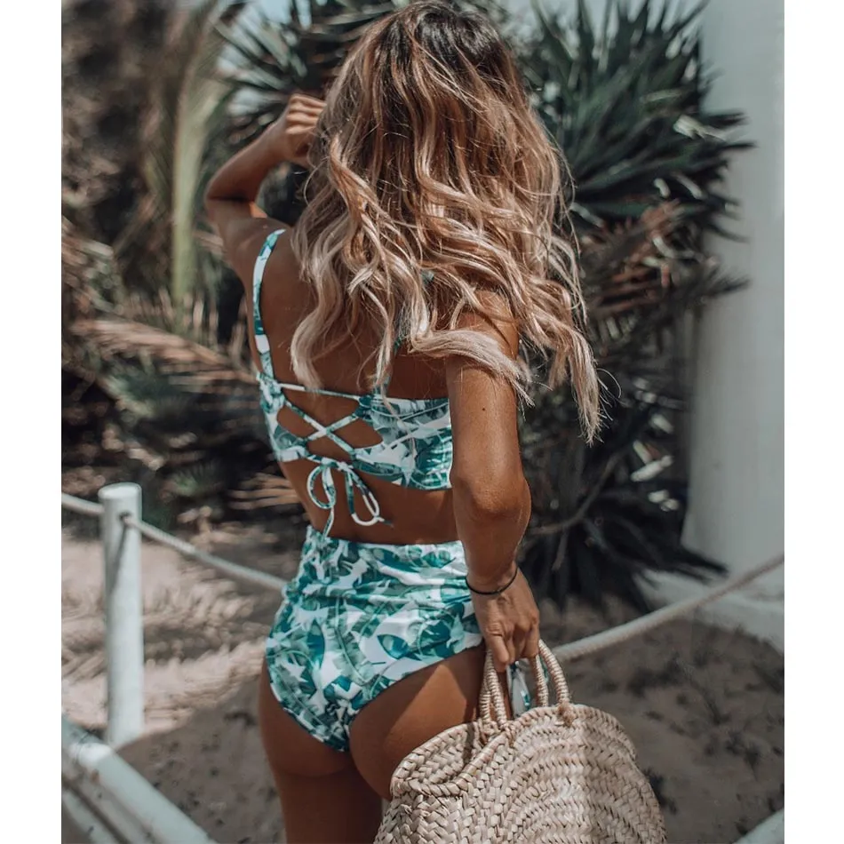 High Waist Swimwear New Leaf Print Bikini