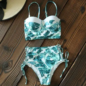 High Waist Swimwear New Leaf Print Bikini