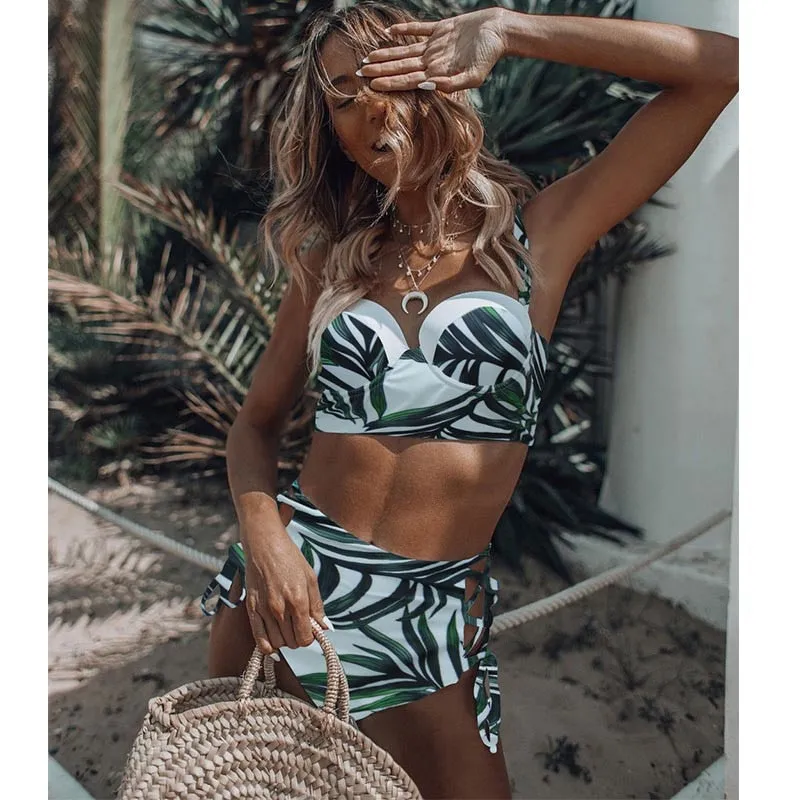 High Waist Swimwear New Leaf Print Bikini