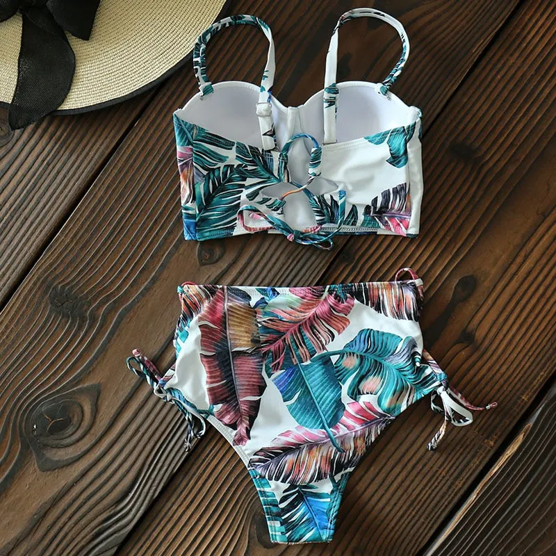 High Waist Swimwear New Leaf Print Bikini