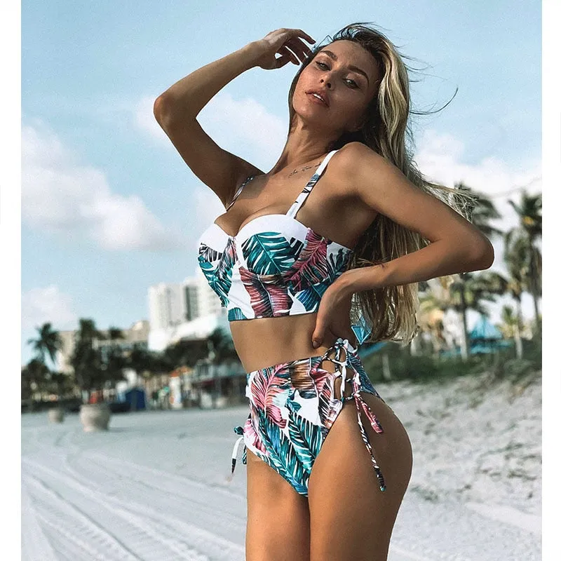 High Waist Swimwear New Leaf Print Bikini