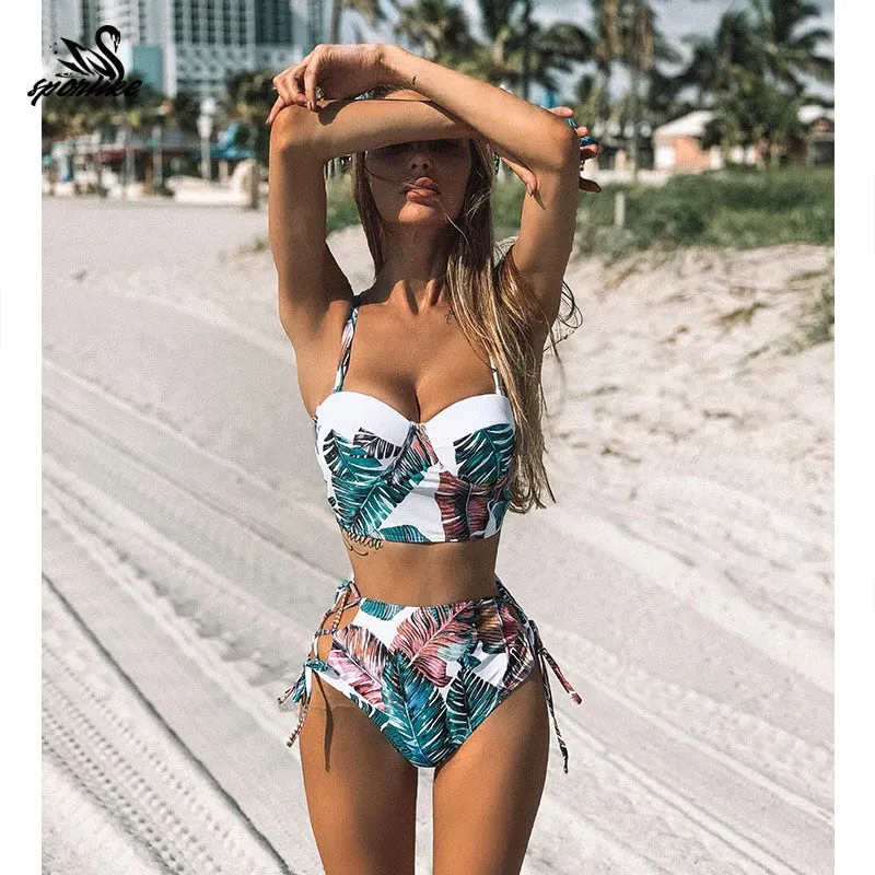 High Waist Swimwear New Leaf Print Bikini