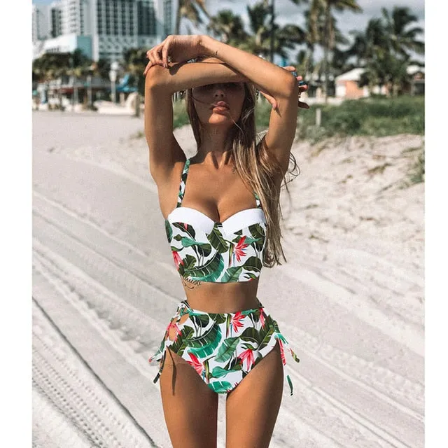 High Waist Swimwear New Leaf Print Bikini
