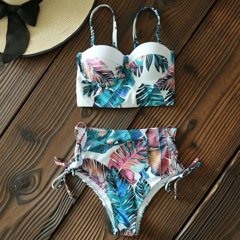 High Waist Swimwear New Leaf Print Bikini