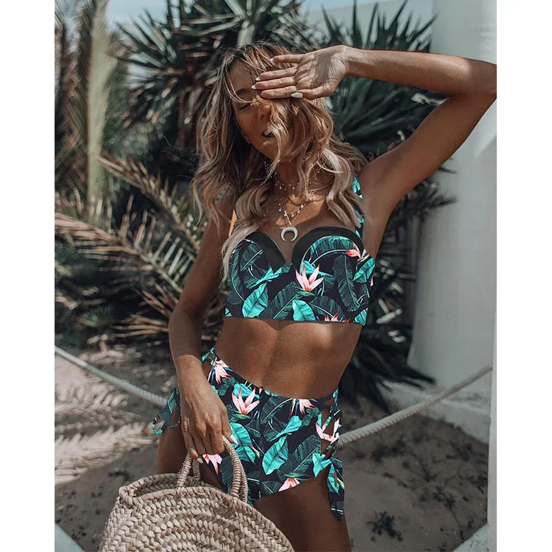High Waist Swimwear New Leaf Print Bikini