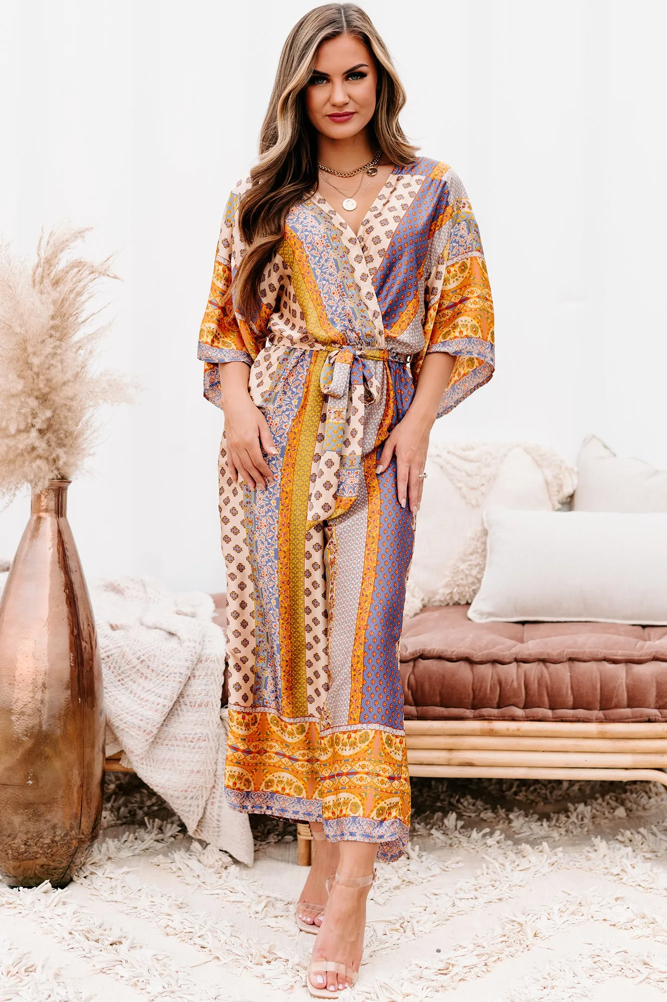 Hit The Border Mixed Print Satin Jumpsuit (Multi)