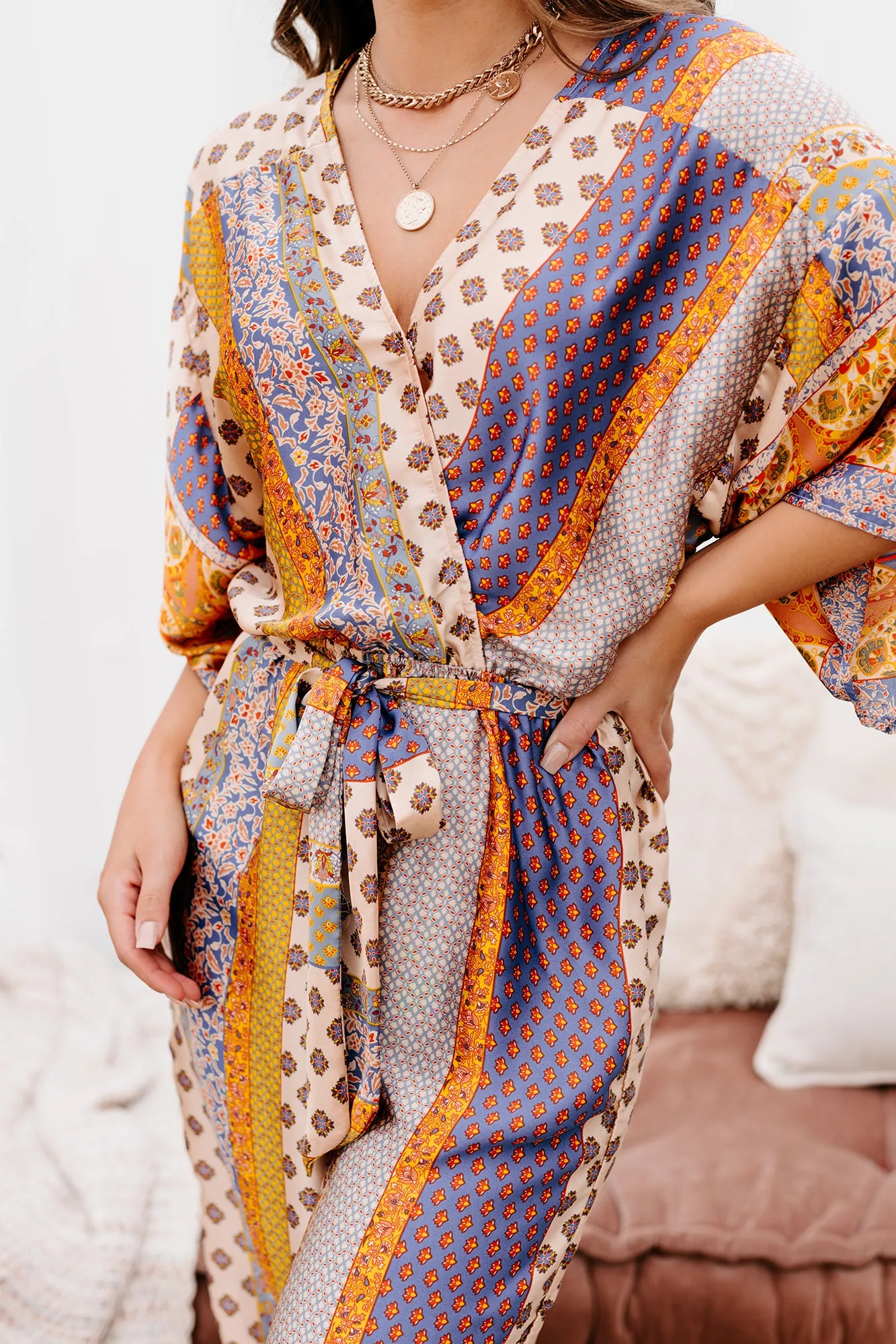 Hit The Border Mixed Print Satin Jumpsuit (Multi)