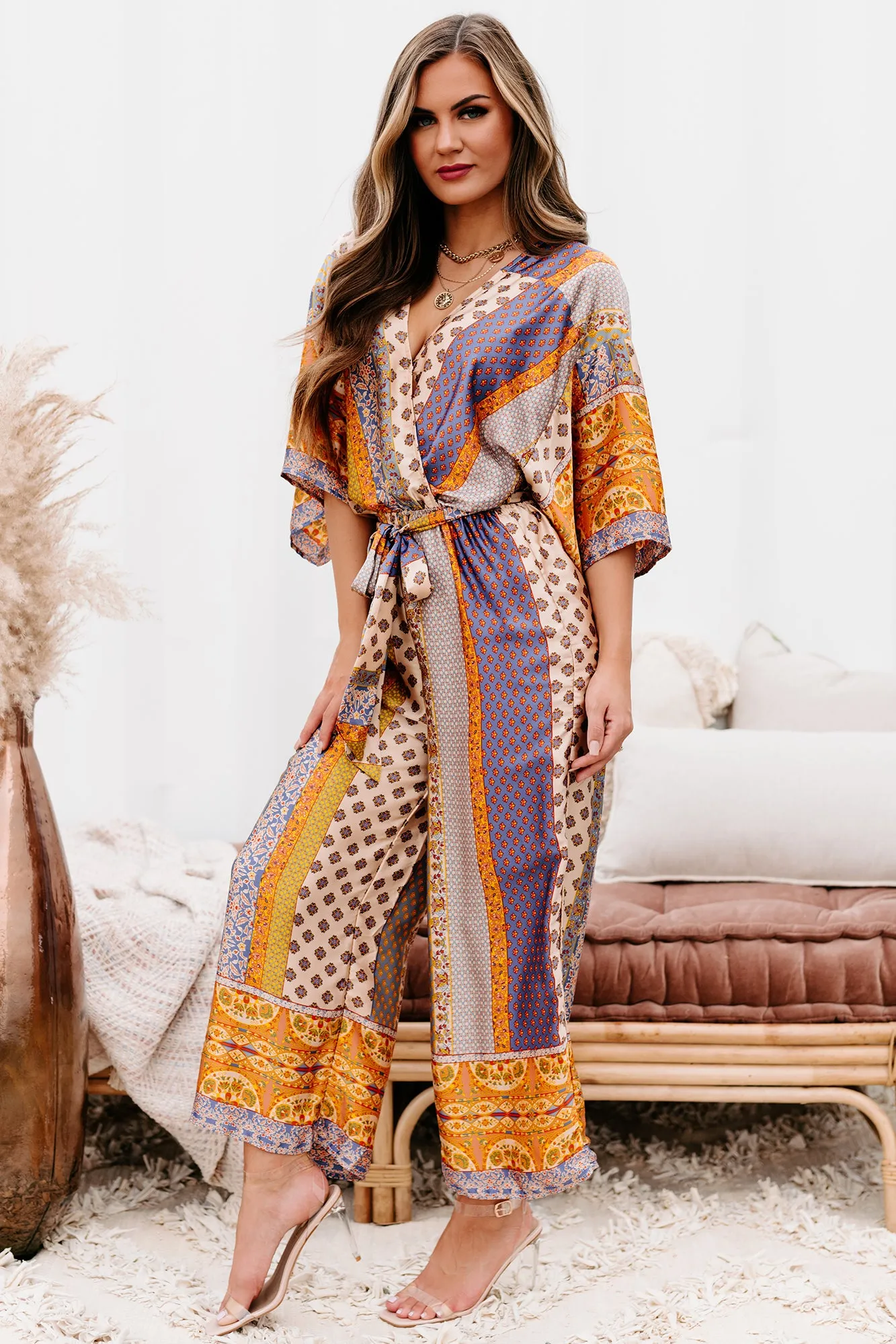 Hit The Border Mixed Print Satin Jumpsuit (Multi)