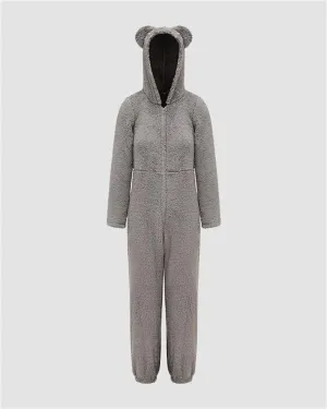 Hoodied Zip Front Fleece Jumpsuit