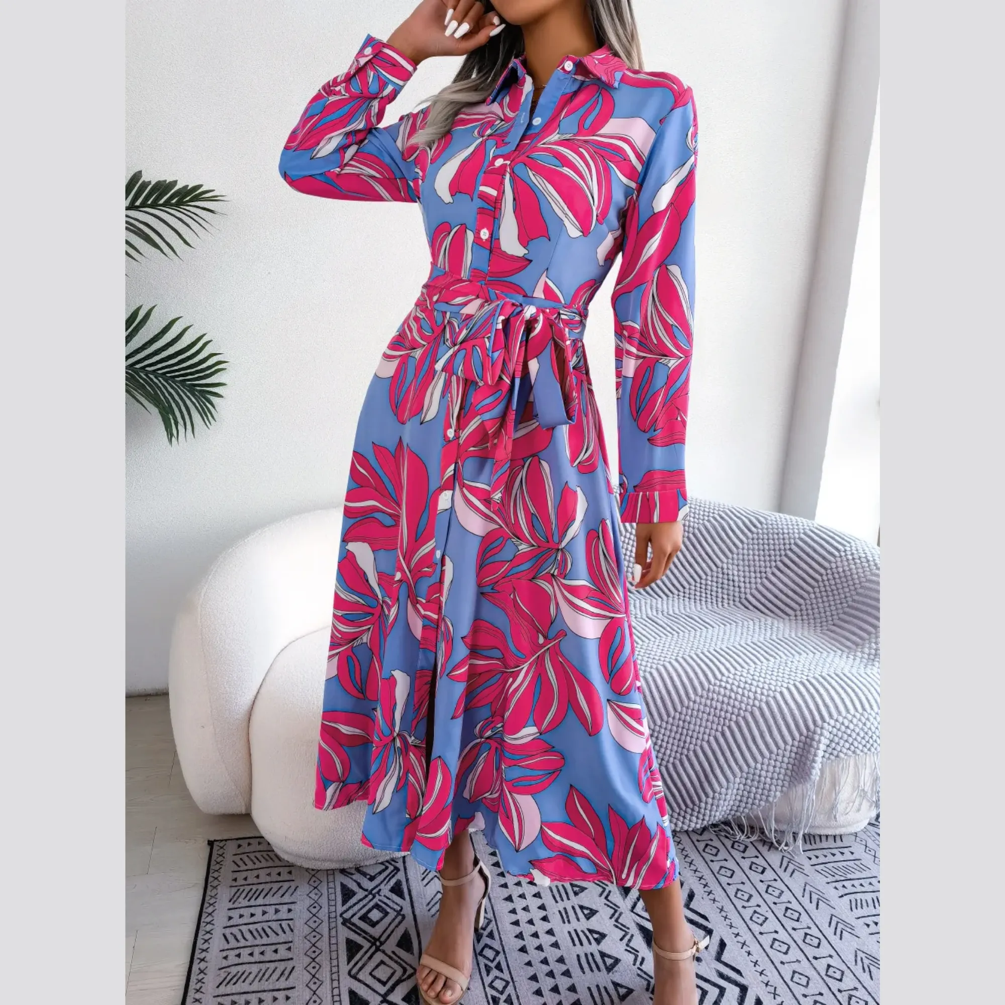 Inaya - Rose Red Floral Print Button-Up Midi Dress