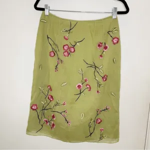Inc international 100% silk midi skirt embellished flor 8 soft green
