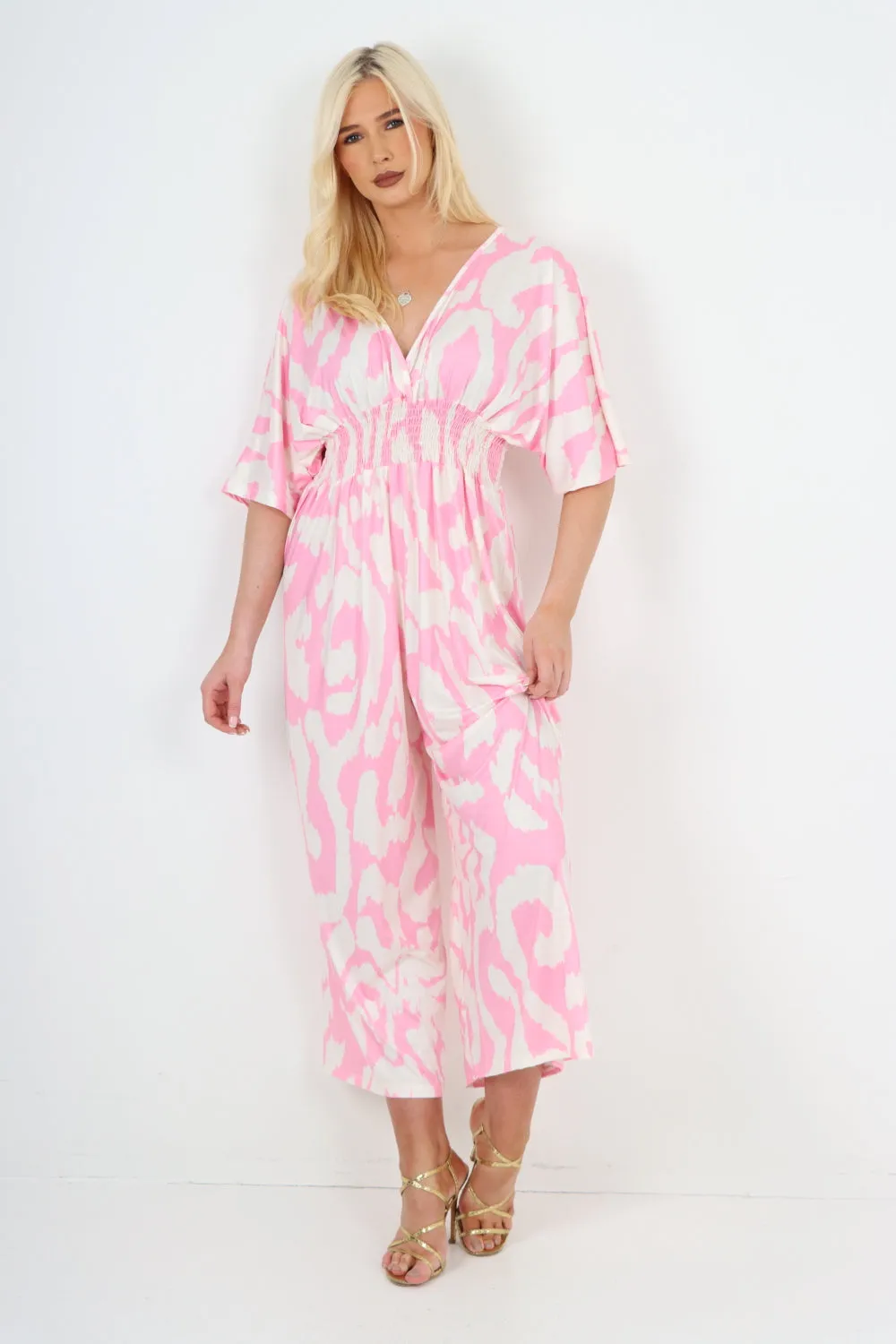 italian shirred elasticated waist animal print short sleeve jumpsuit
