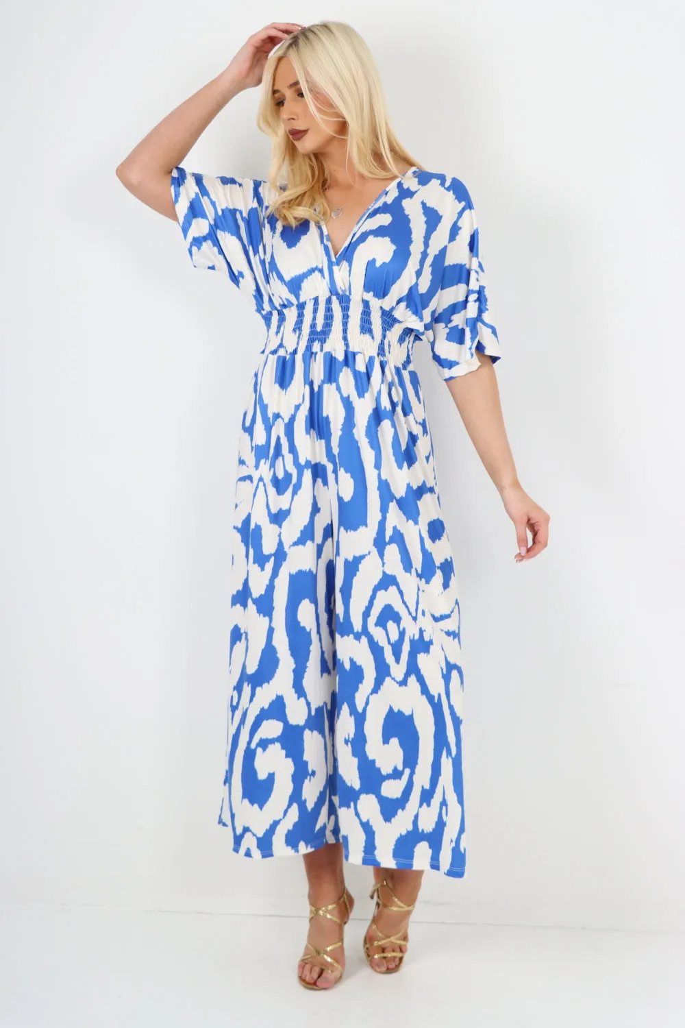 italian shirred elasticated waist animal print short sleeve jumpsuit